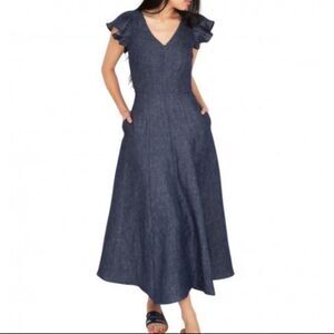Ann Mashburn Flutter Sleeve Maxi Dress in Dark Chambray Linen, Size XS